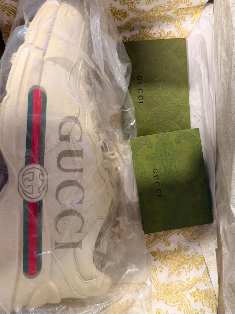 Gucci Cream Leather Sneaker with Green and Red Web Stripe